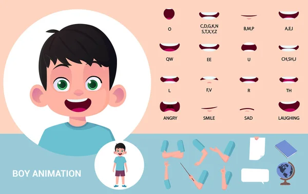 Αγόρι Χαρακτήρα Στόμα Animation Και Lip Sync — Διανυσματικό Αρχείο