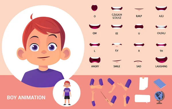 Child Character Mouth Animation Χειρονομίες Συγχρονισμού Χειλιών Και Αντικείμενα — Διανυσματικό Αρχείο