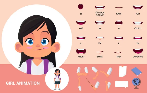School Girl Karakter Lip Sync Mouth Animasi Dan Gerakan Tangan - Stok Vektor