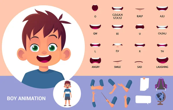 Cartoon Boy Lip Sync Character Mouth Animation Gestures Collection - Stok Vektor