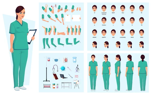 Verpleegster Doctor Woman Character Creation Pack Met Gebaren Gezichtsuitdrukkingen Ziekenhuisapparatuur — Stockvector