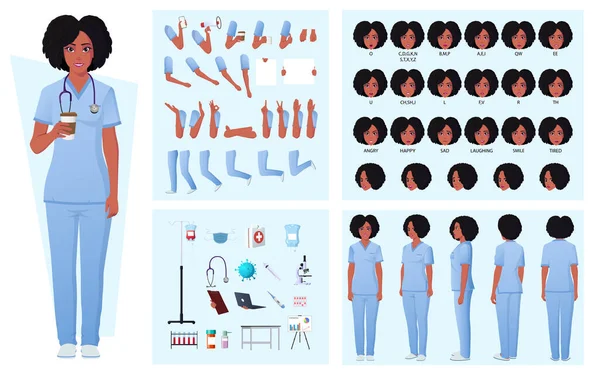 Verpleegster Doctor Character Constructor Met Afro Amerikaanse Vrouw Gezichtsuitdrukkingen Emoties — Stockvector