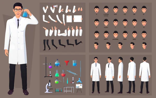 Naukowiec Chemik Postać Creation Set Man Wearing White Lab Coat — Wektor stockowy