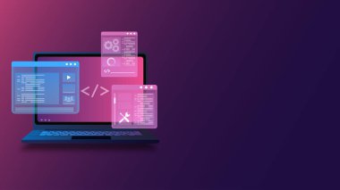 Gelecekteki UI vektörünü gösteren Isometric Laptop ile Bilgisayar Programlama, Kodlama, Web Geliştirme