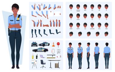 Siyah Kadın Polis Karakteri: Duygular, Lip-sync, Jestler, Animasyon ve Donanım Vektör İllüzyonu