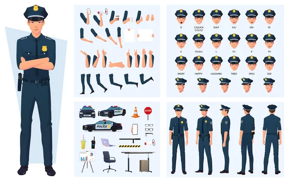 Policjant Tworzenie Znaków Gestów Wyrażenia Twarzy Różne Pozory Samochód Policyjny — Wektor stockowy