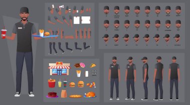 Restoran İşçisi Karakter Yaratma ve Canlandırma Paketi, Çeşitli Yiyecekler, El Hareketleri, Mouth Animasyon ve Dudak Senkronizasyonu ile Siyah Adam İş Üniforması Giyiyor. Vektör