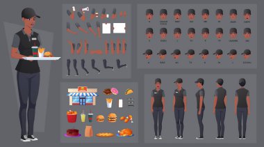 Black Fast-Food Worker Creation Creation Set, Çeşitli Gıda Ürünleri Giyen İş Üniforması Giyen Kadın. El hareketleri, ağız animasyonu ve dudak senkronizasyonu. Vektör
