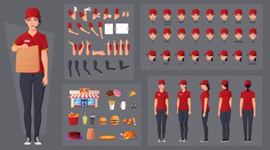 Fast-food İşçi Karakter Yaratma Seti, Çeşitli Gıda Ürünleri Giyen Kırmızı Üniformalı Kadın. El hareketleri, ağız animasyonu ve dudak senkronizasyonu. Vektör
