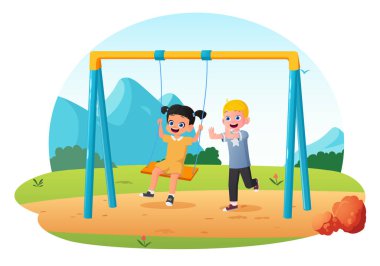 Mutlu Çizgi Filmciler Salıncakta Oynuyor, Kız ve Oğlan Bir Oyun Bahçesinde Birlikte Oynuyor