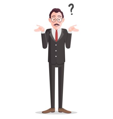 Çizgi film işadamının omuzlarını soru işareti illüstrasyon dosyasıyla karıştırıp silkelemesi