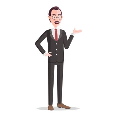 Erkek Çizgi Filmi Karakteri El Hareketi, İş Adamı Gülümseyen ve Vektör İllüzyonunu Gösteren.