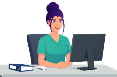 Güzel hastane, eczane resepsiyonisti, danışmada oturan hemşire Premium Vector Illustration.