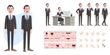 Çizgi film İşadamı Karakter Yaratma Seti, Hareketli Eklemleri, Animasyonu, Lip-sync, El Hareketleri, Duygular ve Pozisyonları olan İş Kıyafeti Giyen Çizgi Adam