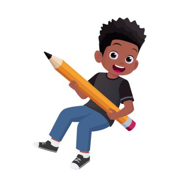 Çizgi film çocuğu elinde dev bir kalem, okul konsepti vektörü taşırken süzülüyor.