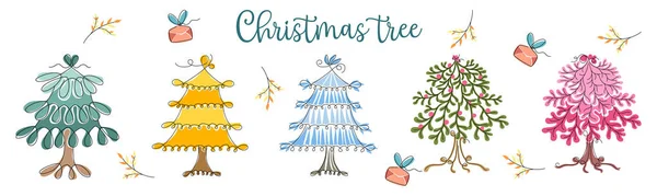 Weihnachtsbaum Vektor Set Doodle Stil Auf Weißem Hintergrund Zum Dekorieren — Stockvektor