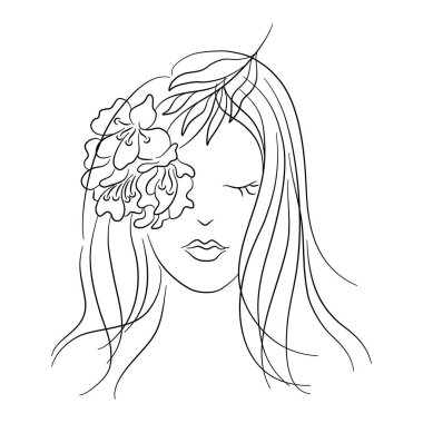 Woman line art, at vintage style design Black pine lines on white background for decorating cards, product design, digital printing, women's day, t-shirt patterns, fabric patterns, mug design and more