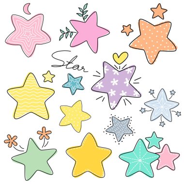 Tasarım ve dekorasyon için bir koleksiyon yıldızı grafikleri. Çıkartmalar, yapıştırma defterleri, kağıt kalıpları, kumaş kalıpları, çocuklar için sanat, el işi, kart dekorasyonu ve daha fazlası gibi birçok şekilde kullanılabilir..