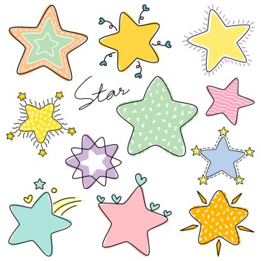 Tasarım ve dekorasyon için bir koleksiyon yıldızı grafikleri. Çıkartmalar, yapıştırma defterleri, kağıt kalıpları, kumaş kalıpları, çocuklar için sanat, el işi, kart dekorasyonu ve daha fazlası gibi birçok şekilde kullanılabilir..