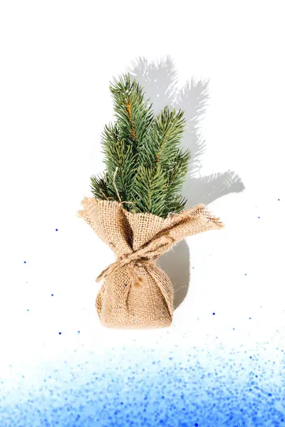 Çuval Bezine Sarılı Küçük Yeşil Bir Noel Ağacı Mavi Konfeti — Stok fotoğraf