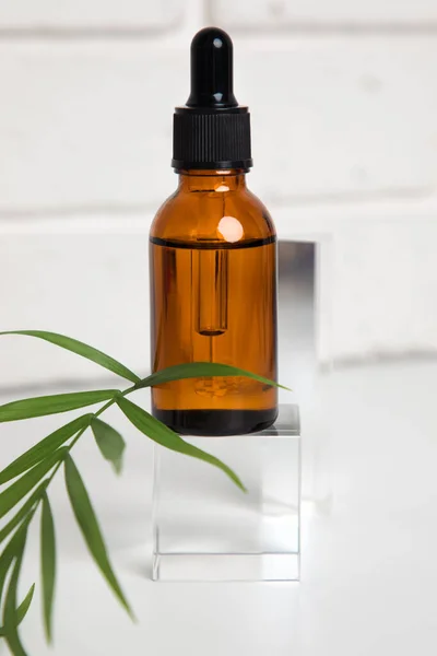Amber bottle with facial treatment on a glass cube with a branch of deer palm. Front view