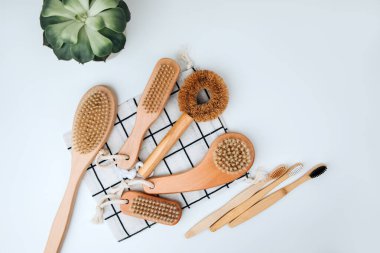 Beyaz arka planda ahşap saplı fırçalar, çevre dostu ürünler. Düz yatıyordu