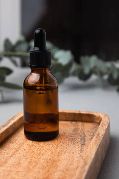 Amber bottle with facial cosmetics on a tray with a branch of eucalyptus on the gray concrete background, facial serum. Front view