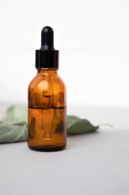 Amber bottle with facial cosmetics with a leaves of eucalyptus on the grey-white background, facial serum. Front view
