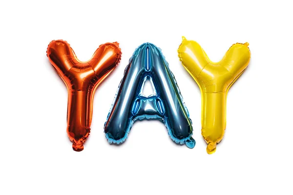 Balões Infláveis Feitos Folha Colorida Forma Letras Inscrição Multicolorida Yay — Fotografia de Stock