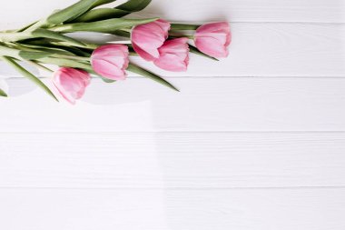 Pale pink delicate tulips on a white wooden background. Spring background with a bouquet of flowers. Top view