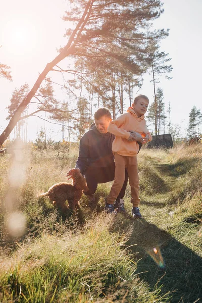 Papa Spielt Mit Seinem Sohn Und Einem Kleinen Braunen Hund — Stockfoto
