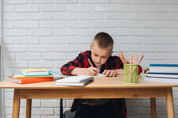 stock image Concept back to the school. A boy in the process of studying sits at a table with books, notebooks and pencils. Front view