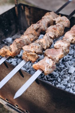 Şişler üzerinde barbekü hazırlamak ızgarada kızarır. Ateşin üstünde et. Doğada yemek yapmak, tükürükte ızgara et pişirmek. Üst görünüm