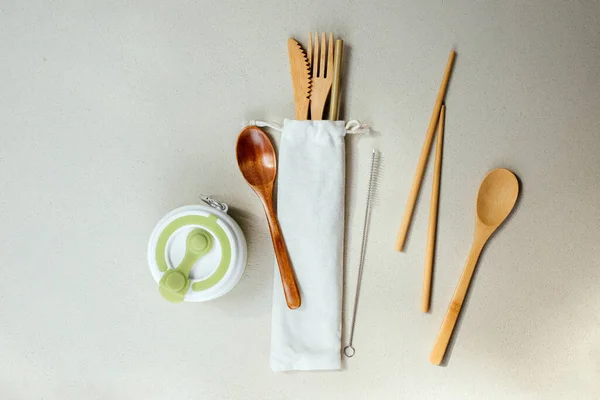 Set Cutlery Zero Waste Concept Eco Friendly Folding Mug Reusable — Stock Photo, Image