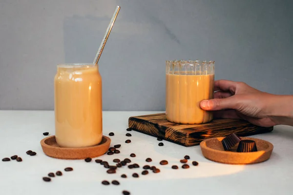 Café Com Leite Cappuccino Latte Com Espuma Copos Vidro Transparentes — Fotografia de Stock