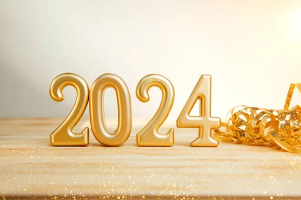 Boşluklu selamlama arkaplanı. Mutlu yıllar kartı. Hafif ahşap arka planda 2024 rakamları var. Ön görünüm
