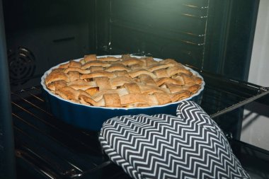 Evde tatlı hazırlıyorum. Gri termo eldivenleri teslim et elmalı turtayı fırına koy. Ön görünüm