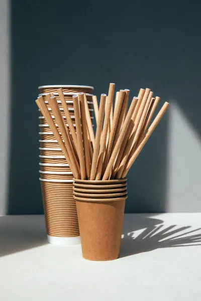 Набор Бумажной Посуды Деревянных Столовых Приборов Сером Фоне Экологически Чистые — стоковое фото