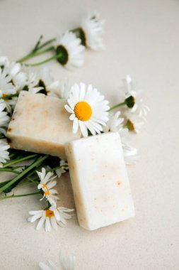 Doğal malzemelerden elde yapılan sabun, çeşitli otlar, papatya çayı. Sürdürülebilir kullanım kavramı, banyo ürünleri. Üst görünüm