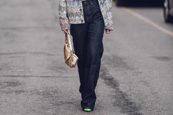 Milan Italy February 2022 Female Jeans Crop Top Ornamental Jacket Stockbild