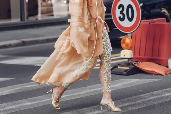 Milan Italy February 2022 Crop Woman Stylish Coat Glittering Leggings Stockfoto