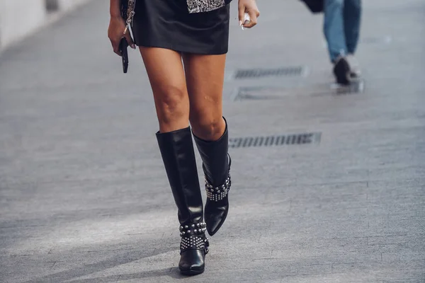 Milan Italy February 2022 Female Wearing Black Leather Skirt Black Stockafbeelding