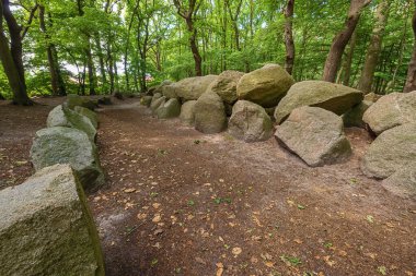 Huven 'daki Volbers Hunensteine olarak bilinen Dolmen bölgesindeki mezar odasının panoramik görüntüsü.
