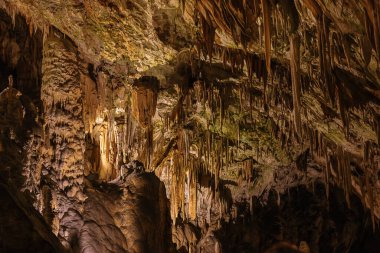 Postojna mağarasına giderken tavandan sarkan kırmızı sarkıtlar.