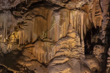 A wall of yellow and orange stalactites in the Postojna cave. The white spots is reflected light in water droplets