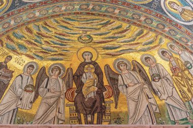 Mosaic with Mother Mary and Child in  the Euphrasian Basilica. SCS Ma-urus means Holy Maurus