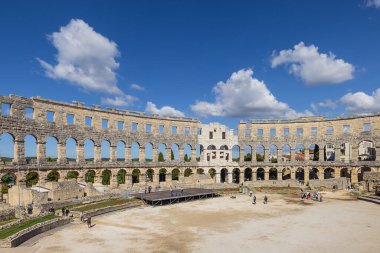 Editorial: PULA, ISTRIA, CROATIA, SEPTEMBER 18, 2022 - View inside the amphitheater in Pula seen from the center stage in the amphitheater