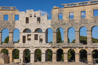 Inner side of the walls in the amphitheater of Pula seen from the center stage in the amphitheater