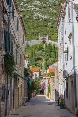 An intimate street in Ston with the city wall above the village
