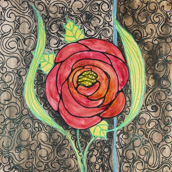 Art deco rose with doodled background. The dabbing technique near the edges gives a soft focus effect due to the altered surface roughness of the paper.